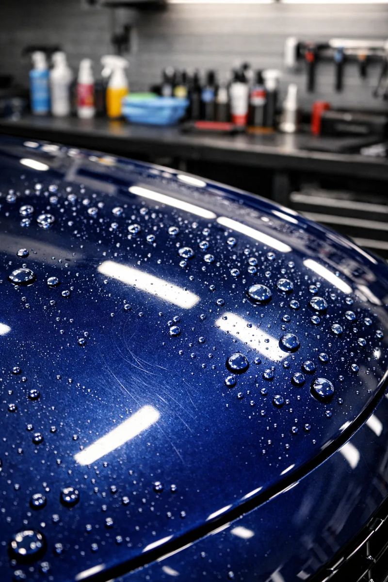 Detailer polishing the paint of a red vehicle inside Custom Restoration Shop