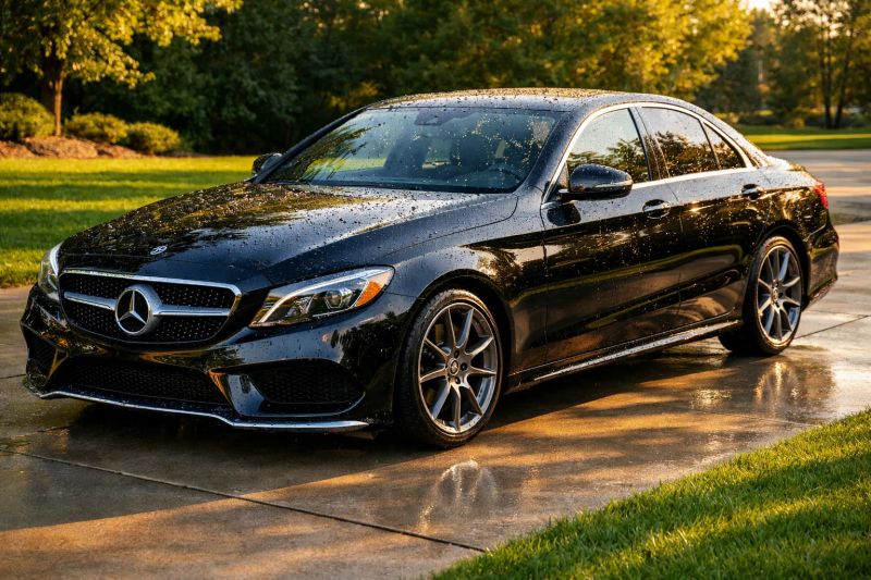 Shiny luxury car parked against a sunset backdrop, highlighting its polished finish