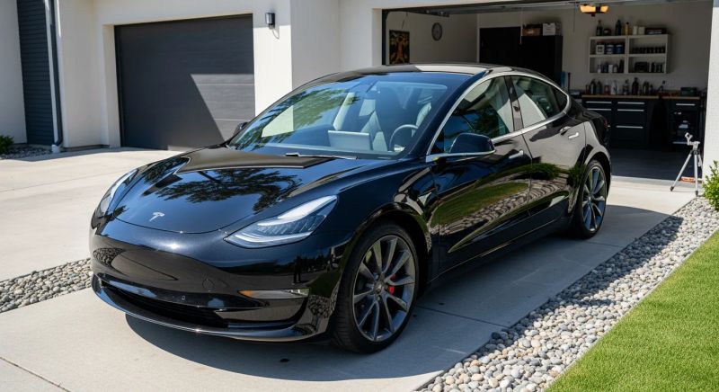 A freshly detailed car parked in sunlight, showcasing its glossy paint finish and reflections.