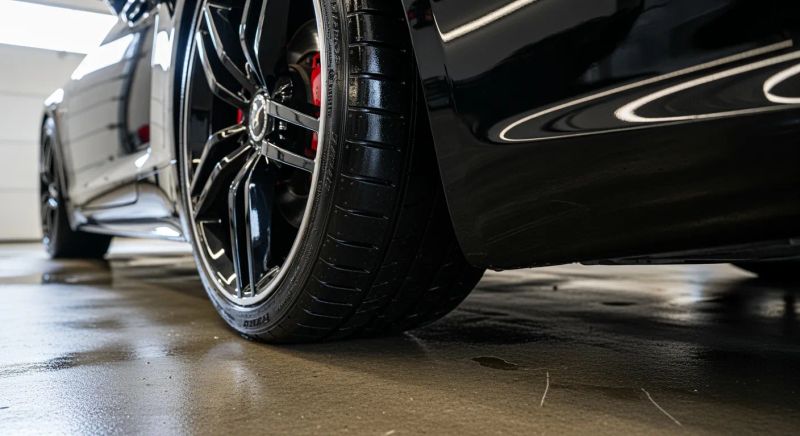Close-up of glossy clean tires on a black sports car in a well-lit garage.