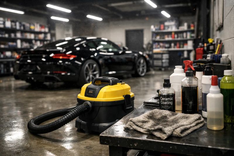 A car detailing workshop with a vacuum and detailing products beside a luxury sports car.